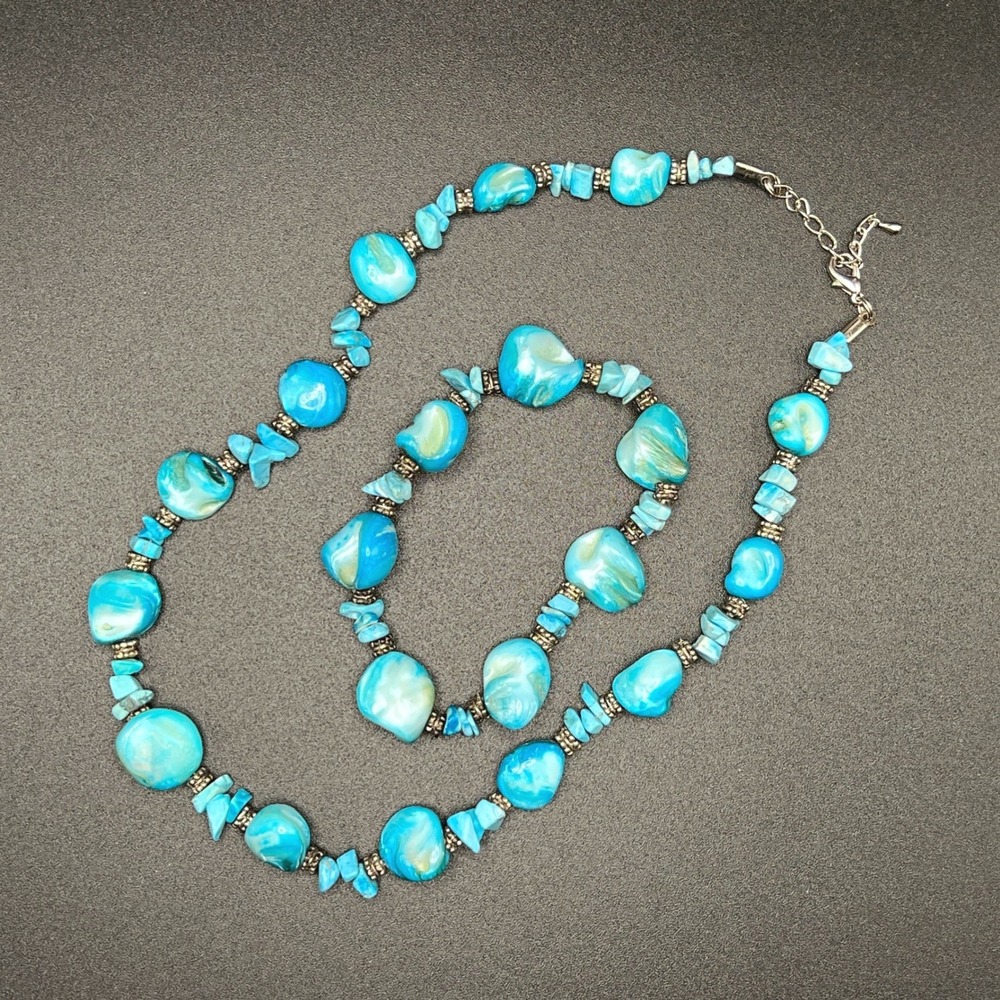 Turquoise Shell Necklace Bracelet Set Chunky Blue Silver Tone Coastal Beachy - Picture 6 of 10